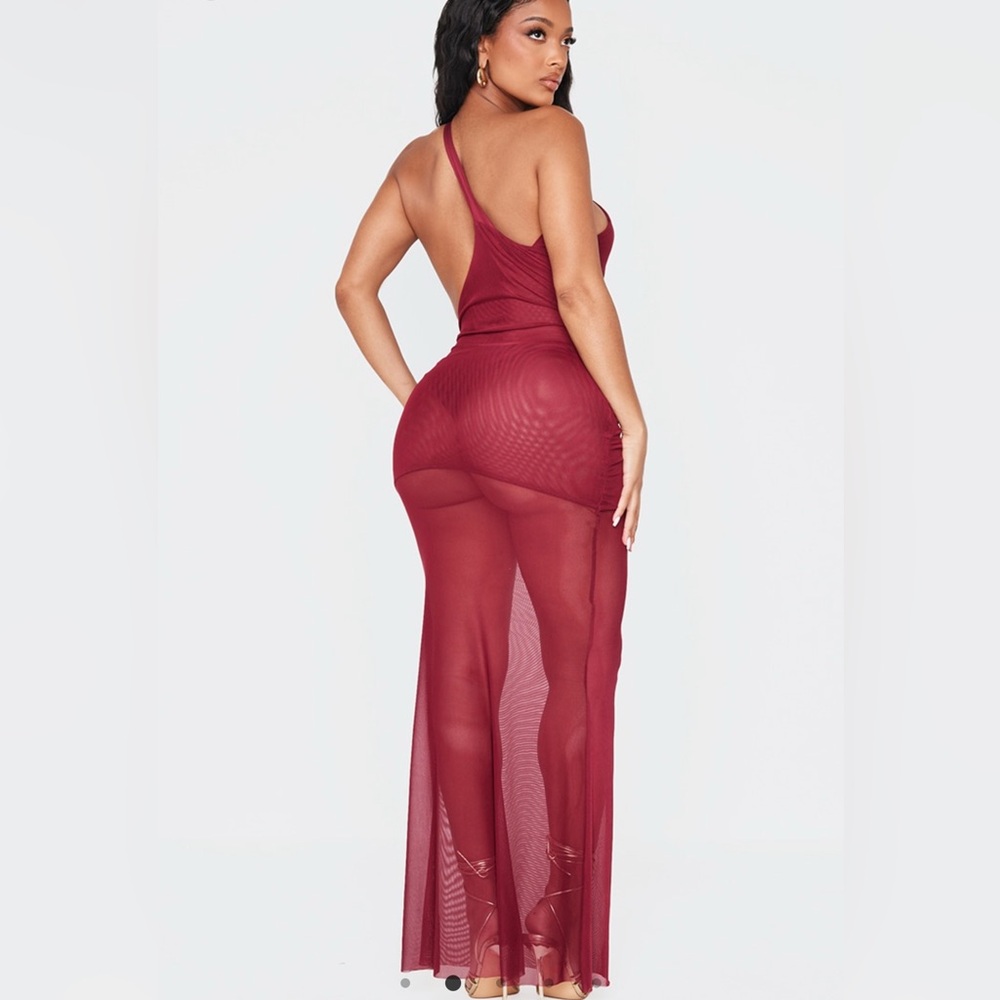 Burgundy mesh insert asymmetric cut out maxi dress
